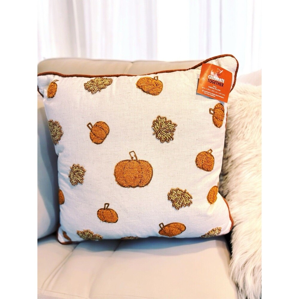 Fall Embroidered Pumpkin Leaves Throw Pillow Beaded Autumn Celebrate Together™